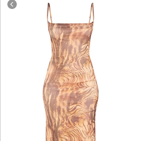 Brown Printed Mesh Ruched Maxi Dress - Picture 2 of 7
